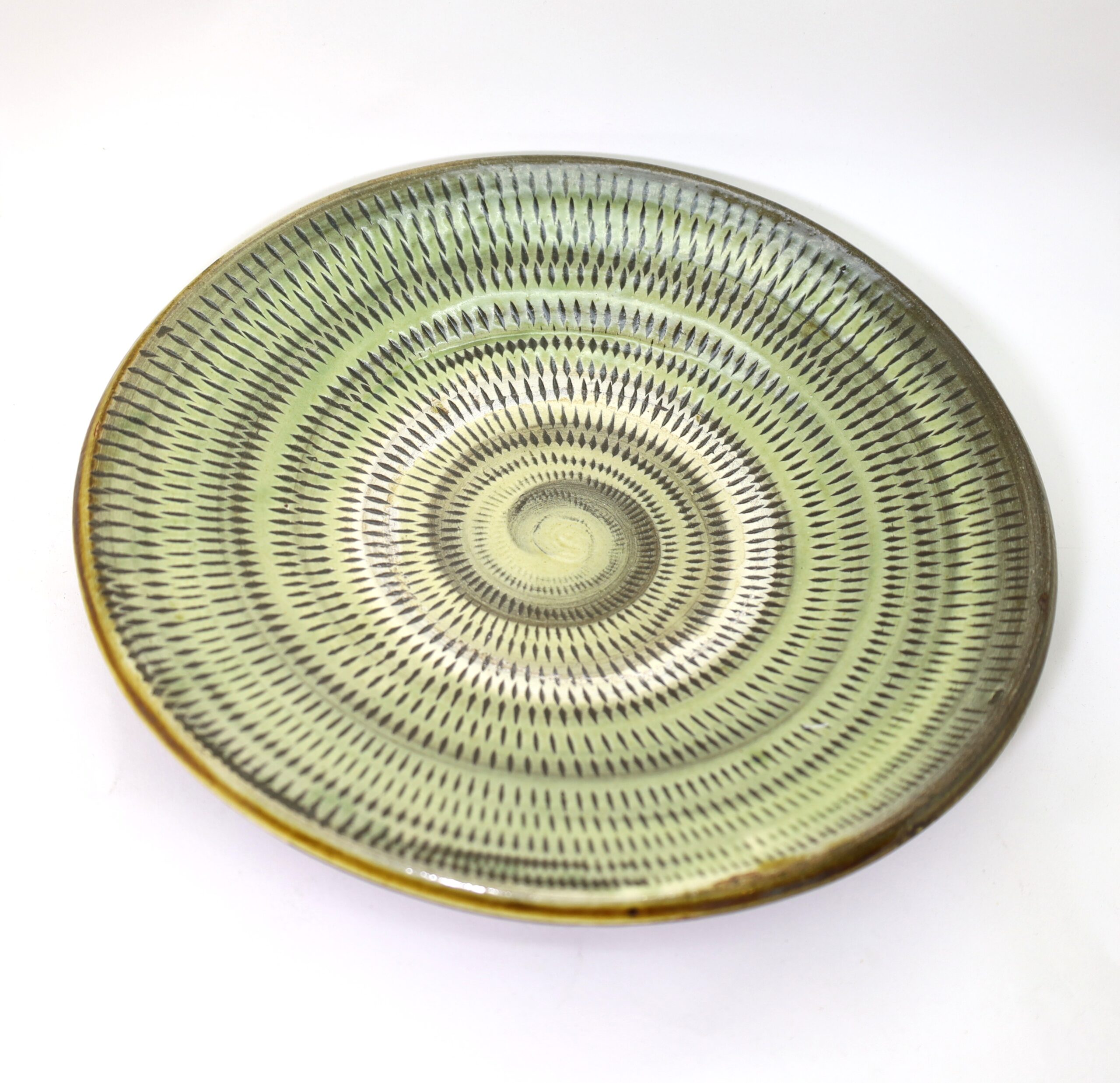 小鹿田焼 とびカンナ9寸皿織部 柳瀬朝夫/Onta 28cm dish/Yanase asao